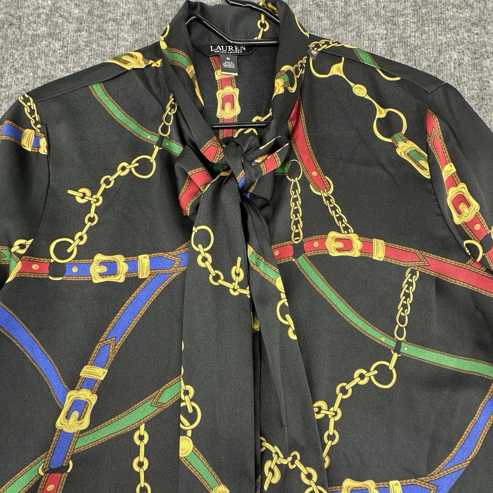 Lauren‎ Ralph Lauren Equestrian Chain Print Blouse Preppy Scarf Tie Neck Size M - Picture 8 of 10